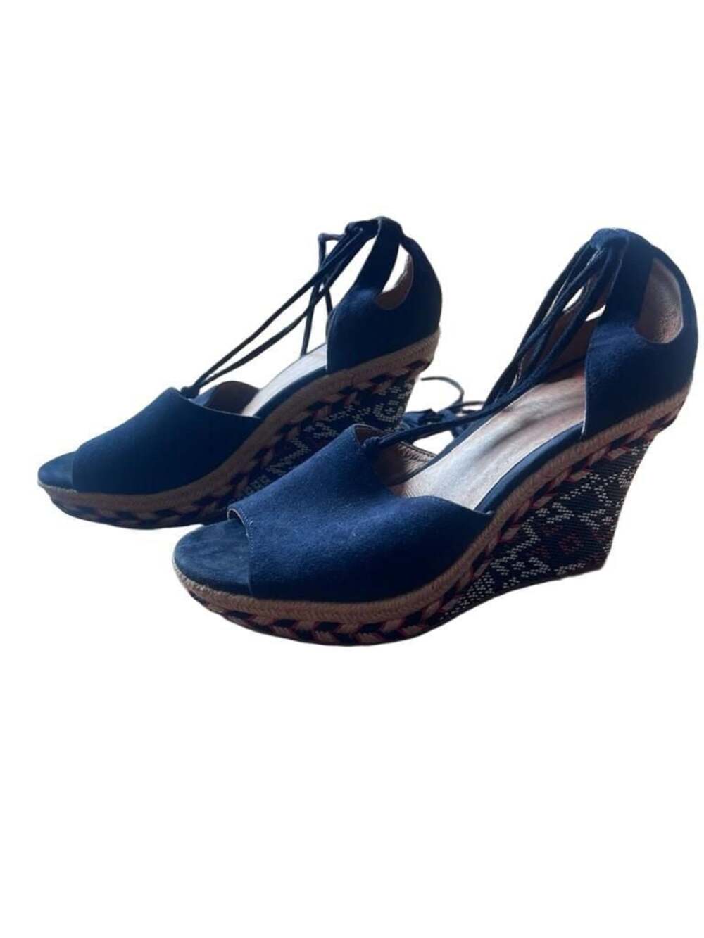 Cabi Isla Navy Suede Aztec Print Espadrille Wedge Sandals
